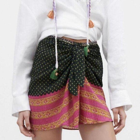 NWOT Zara multicolour dual print boho-inspired mini skirt w/ trim accent, XS - Picture 7 of 16